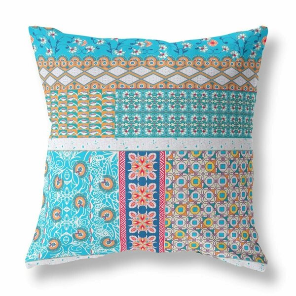 Homeroots 26 in. Patch Indoor Outdoor Throw Pillow Turquoise & White 470556